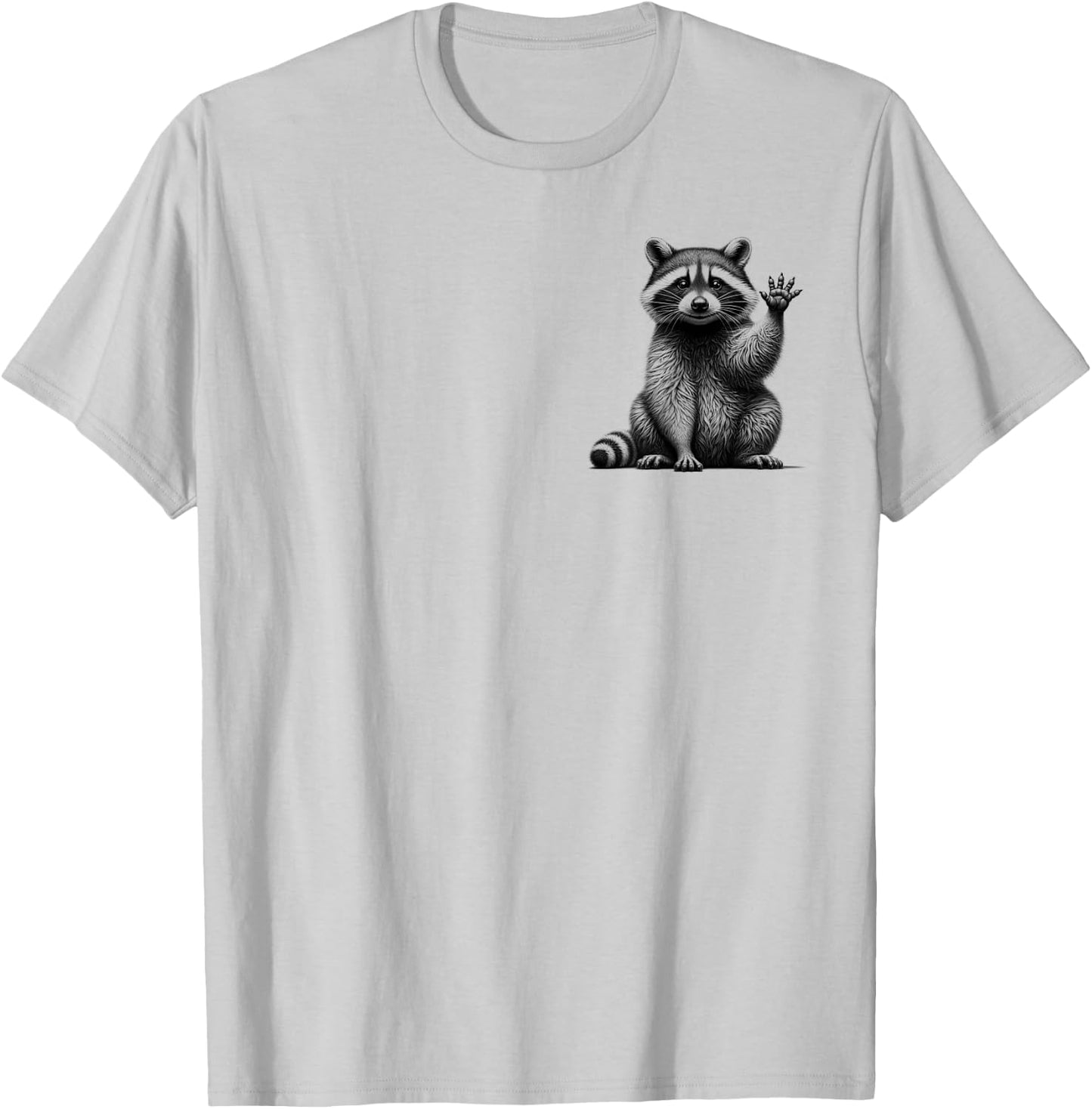 Cute Waving Raccoon Drawing Style on Chest , gray T-Shirt - T-Shirt | Ash