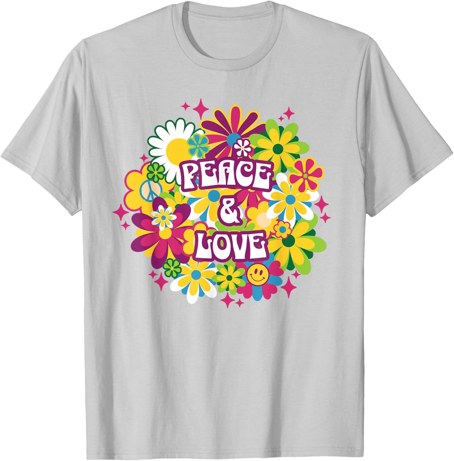 Peace Love 70s Retro Floral Happy Face Flower Groovy Women's , Blue, S T-Shirt - T-Shirt | Ash