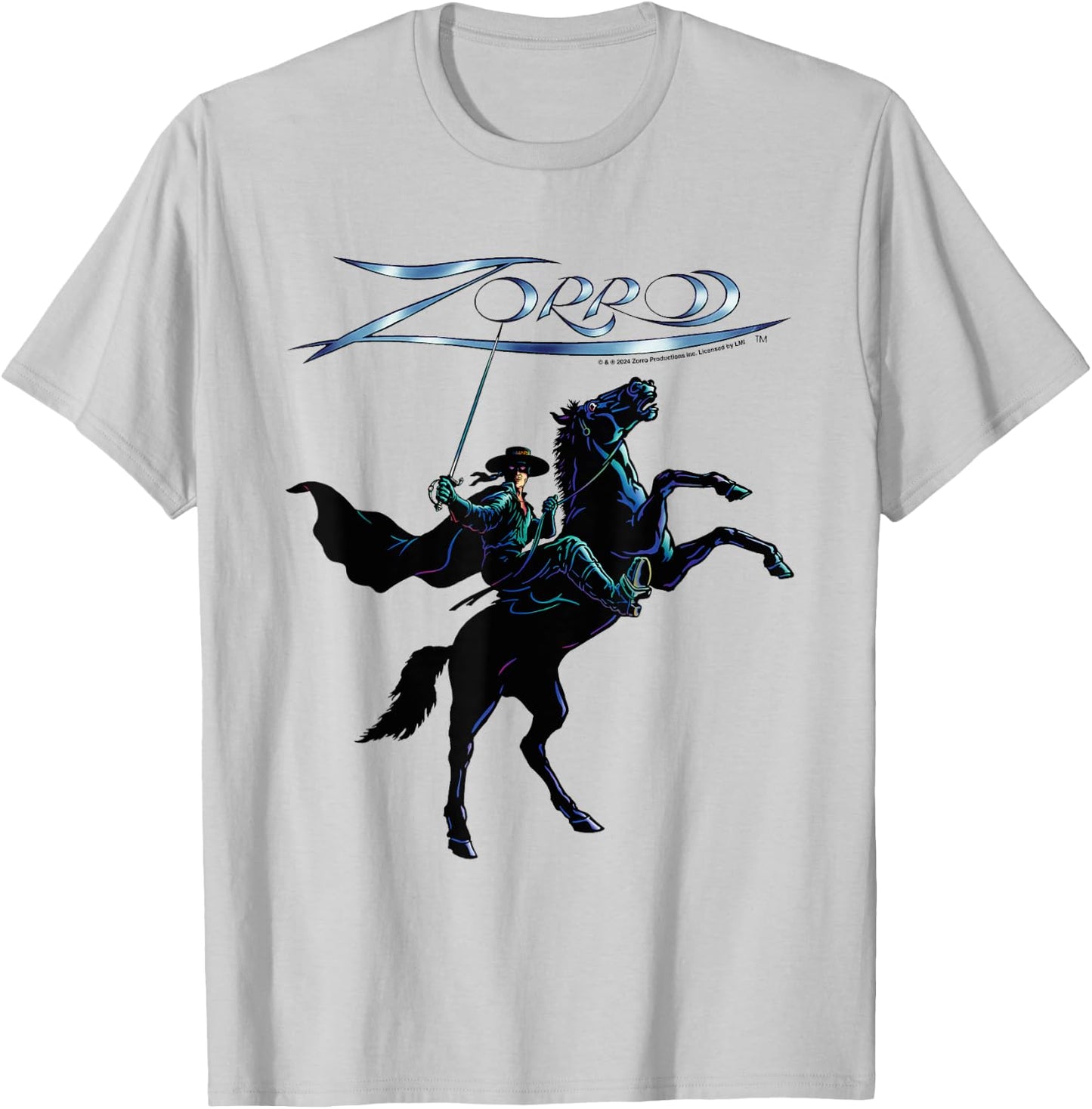 Zorro Horseback Steel Sword Text , white, S T-Shirt - T-Shirt | Ash