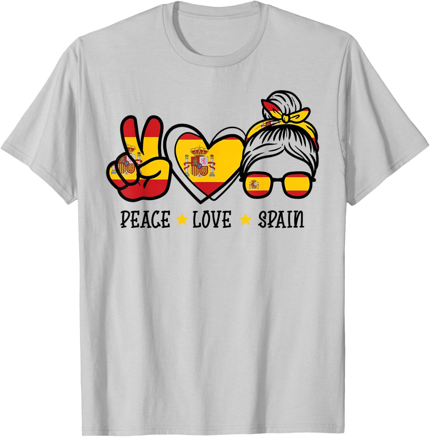 Peace Love Spain Messy Bun Spanish Soccer Fan Women Girls T-Shirt - T-Shirt | Ash