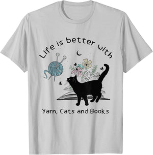 Life is Better With Yarn Cats and Books T-Shirt - T-Shirt | Ash