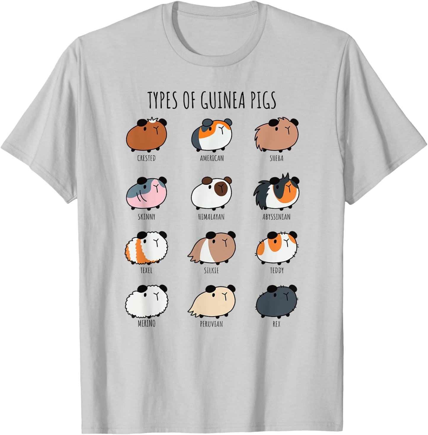 Cute Types of Guinea Pigs Abyssinian Silkie and Texel T-Shirt - T-Shirt | Ash