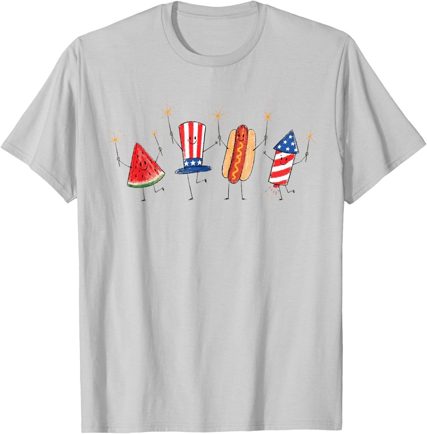 Patriotic Doodle Fourth of July Watermelon Hot Dog Firework T-Shirt - T-Shirt | Ash