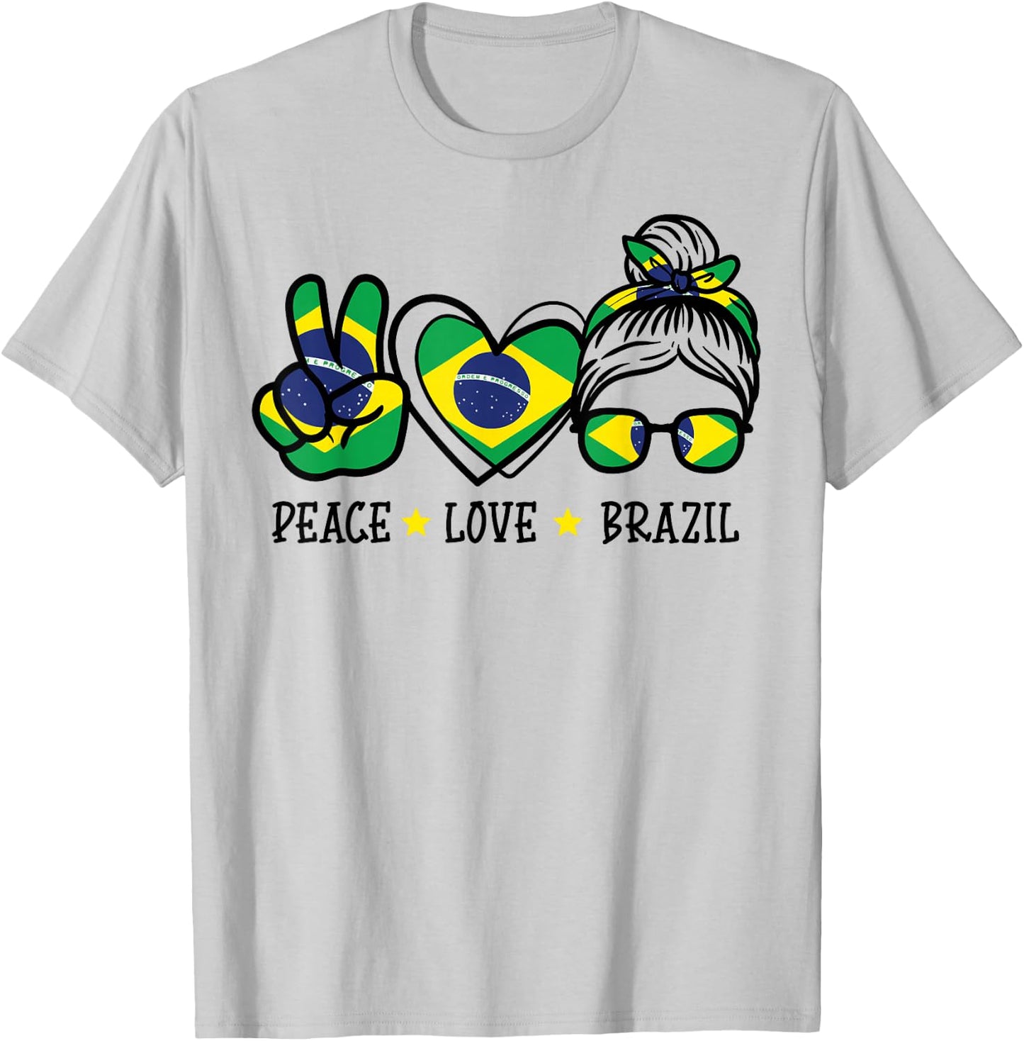Peace Love Brazil Messy Bun Soccer Fan Women Girls Kids T-Shirt - T-Shirt | Ash
