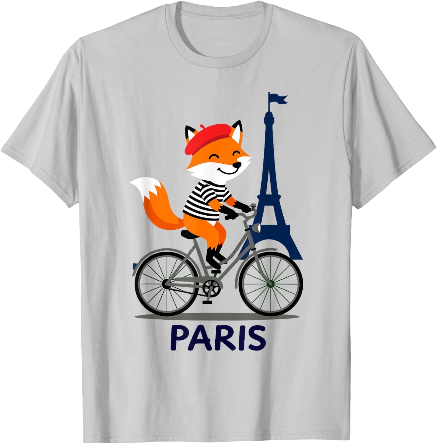 Cute Fox in Beret Cycling, Eiffel Tower Paris French Lover T-Shirt - T-Shirt | Ash