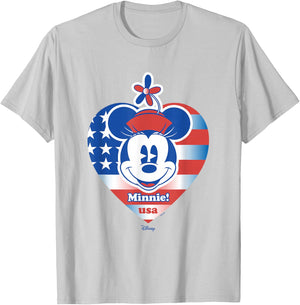 Disney Minnie Mouse Face 4th of July USA Heart Flag T-Shirt - T-Shirt | Ash