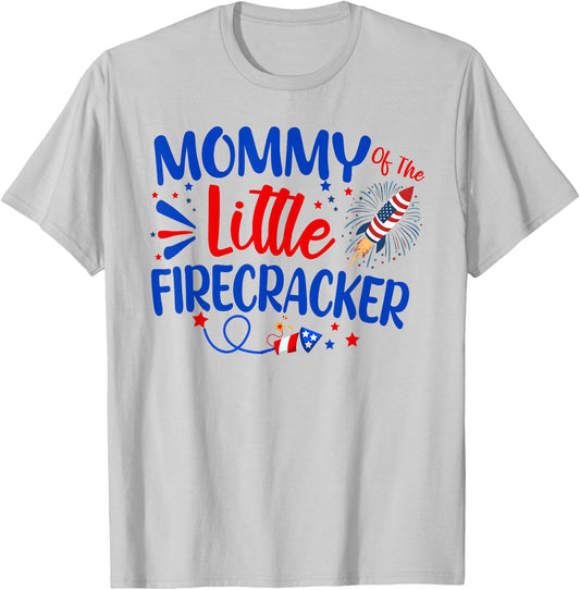 Mommy Of The Little Firecracker Family 4th of July Birthday T-Shirt - T-Shirt | Ash