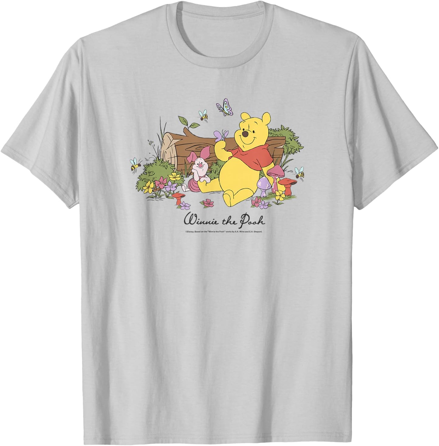 Disney Winnie The Pooh Piglet And Pooh Floral Butterfly , gray, s T-Shirt - T-Shirt | Ash