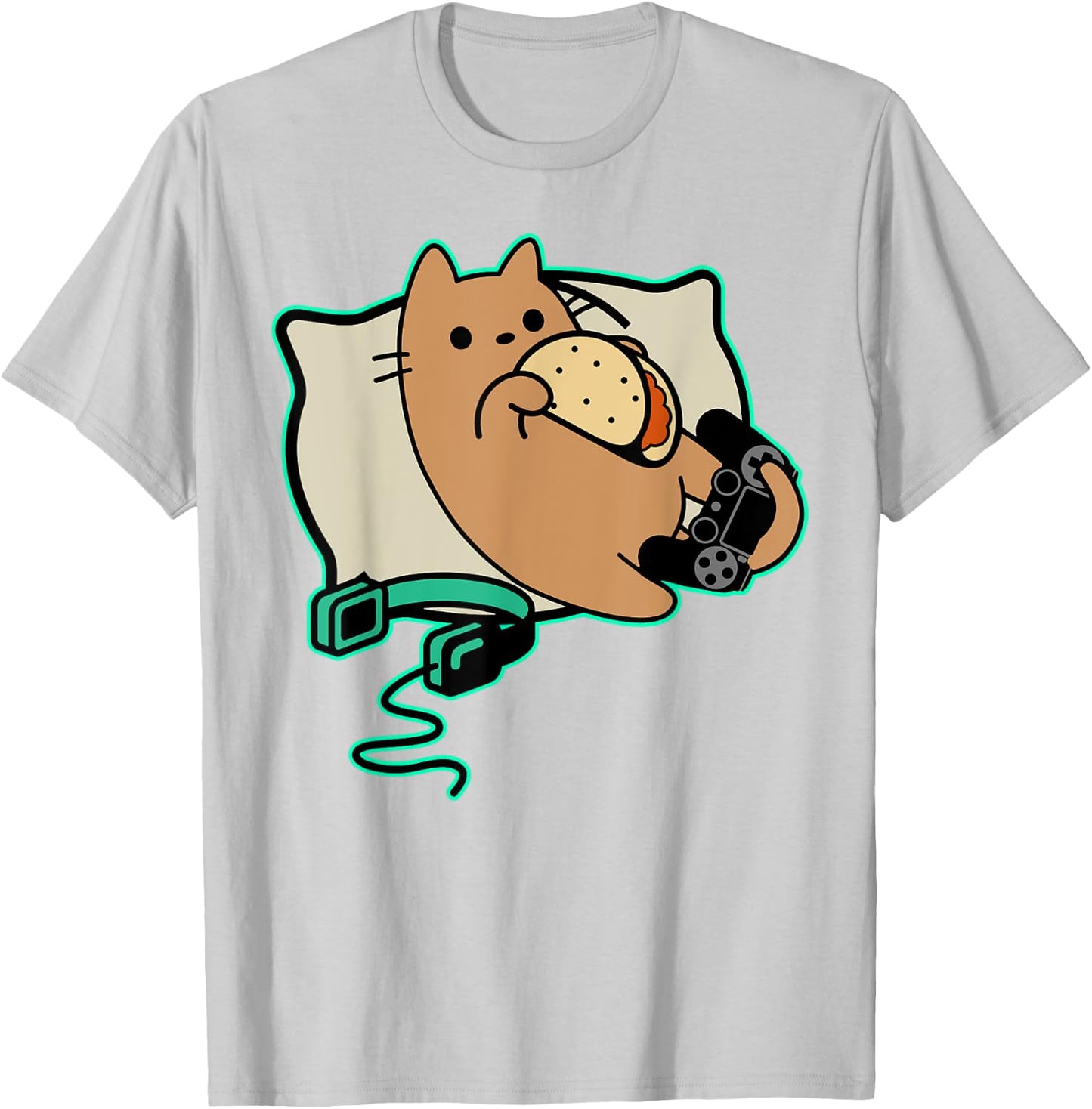 Nerdy Gamer Cat Eating Tacos Game Paused T-Shirt - T-Shirt | Ash