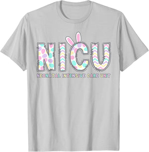 NICU Nurse Easter Shirt Bunny Eggs Nursing Women Girls T-Shirt - T-Shirt | Ash