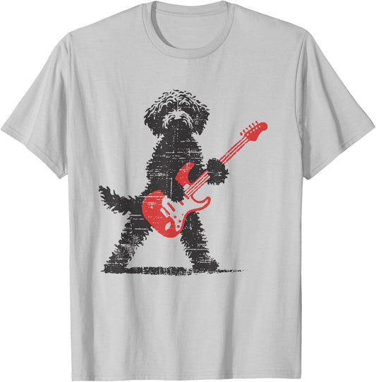 Funny Rock Goldendoodle Dog Playing Guitar Music Lover Dog T-Shirt - T-Shirt | Ash