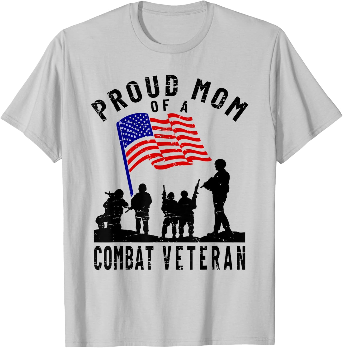 Proud Mom of a Combat Veteran Retro US Flag Military Family T-Shirt - T-Shirt | Ash