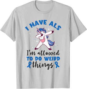 ALS Awareness Blue Ribbon Dabbing Unicorn Weird Things T-Shirt - T-Shirt | Ash