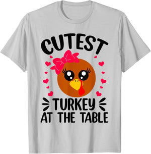 Thanksgiving Girl Cutest Turkey At The Table T-Shirt - T-Shirt | Ash