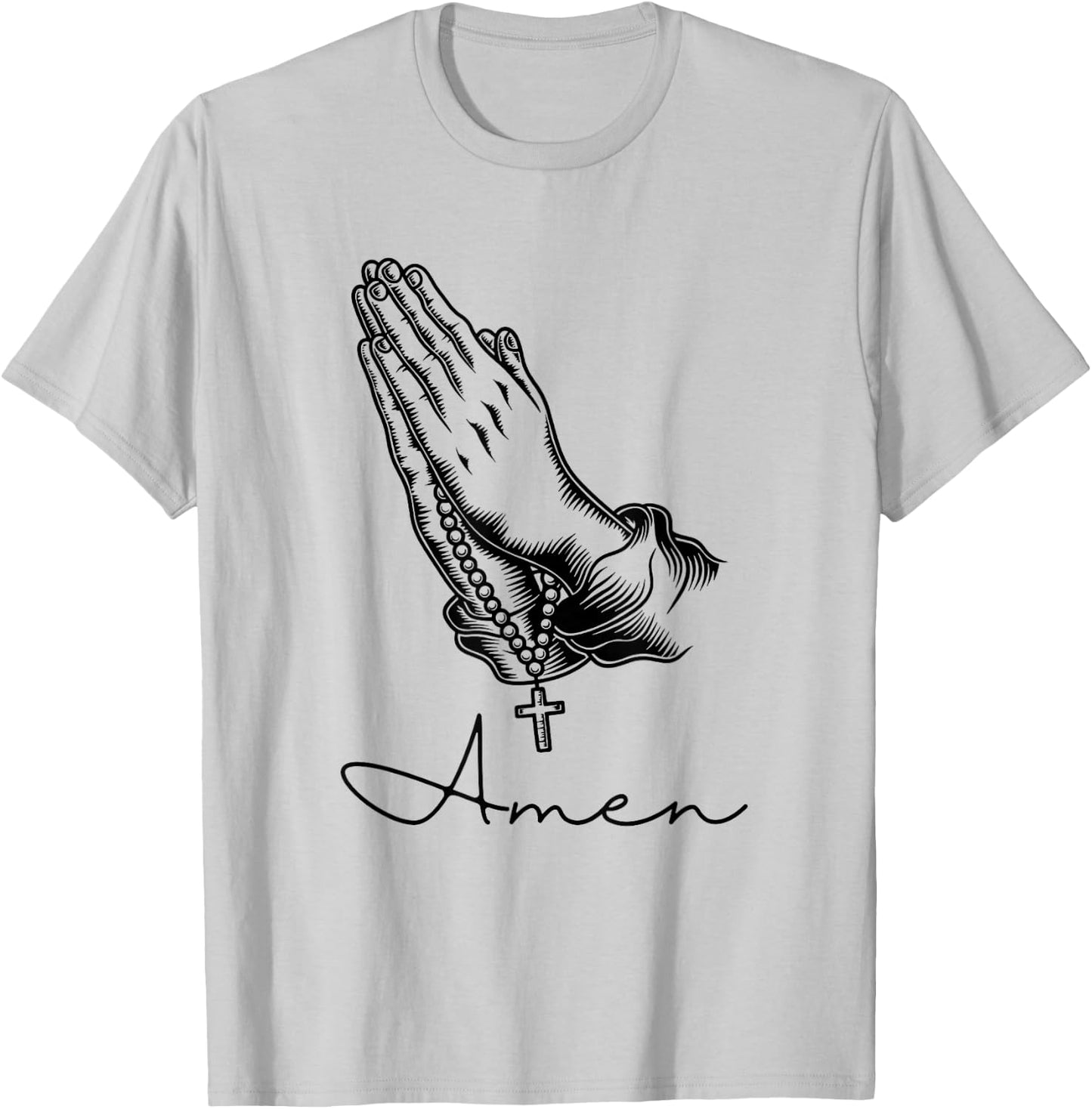 Amen Praying Hands Rosary Beads T-Shirt - T-Shirt | Ash