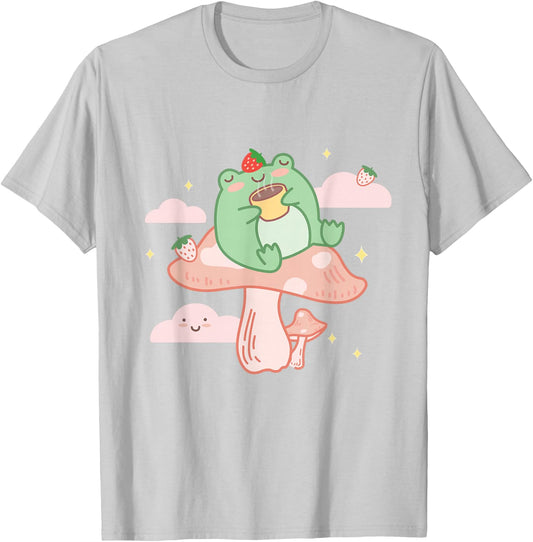 Kawaii Strawberry Frog On Mushroom Pink Anime Cottagecore Small T-Shirt - T-Shirt | Ash