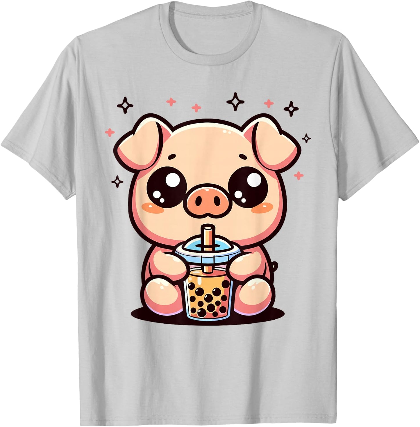 Cute Kawaii Cartoon Pig Drinking Bubble Tea Boba Tapioca T-Shirt - T-Shirt | Ash