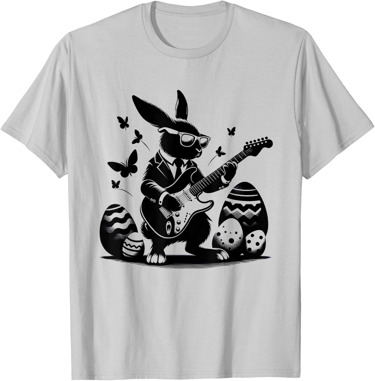 Cool Easter Rabbit Playing Guitar Cute Bunny Easter Eggs T-Shirt - T-Shirt | Ash