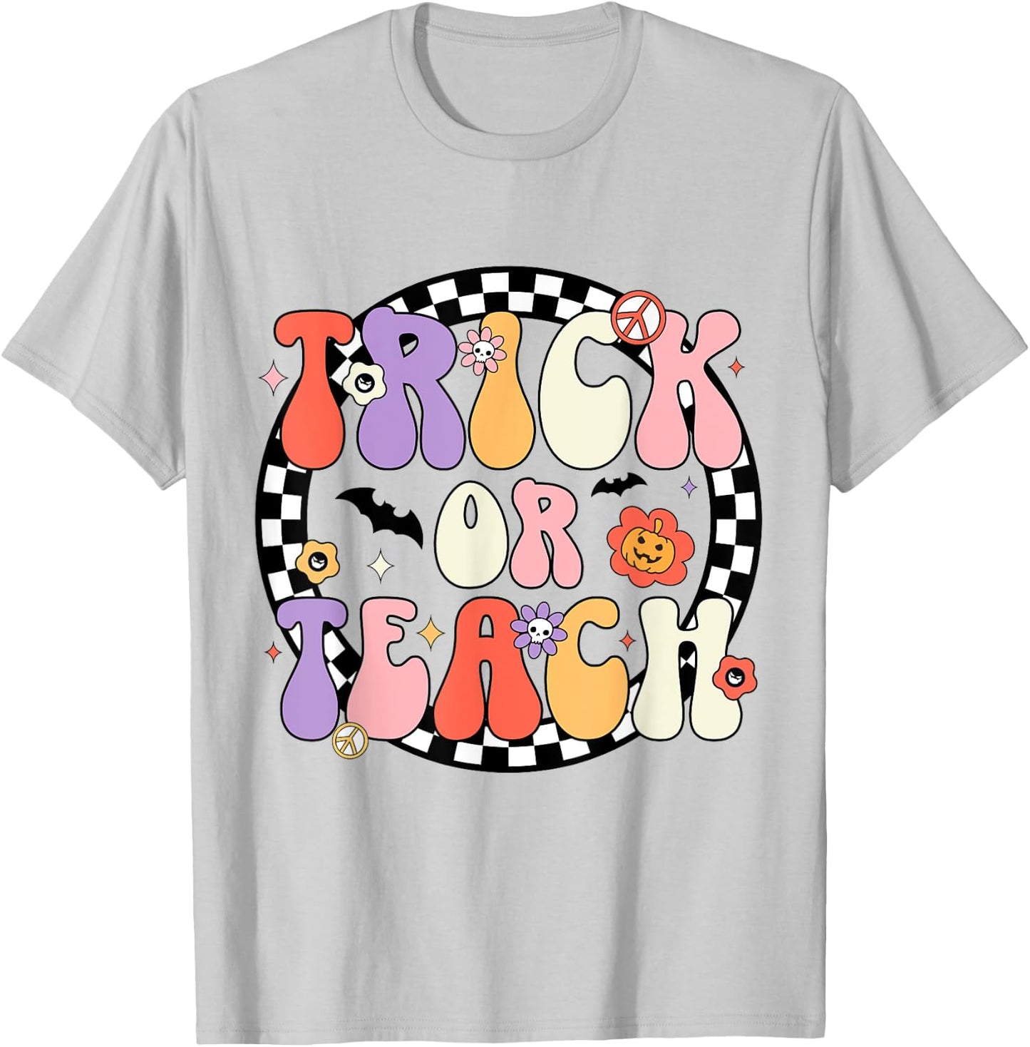 Trick or Teach Retro Groovy Halloween Teacher T-Shirt - T-Shirt | Ash