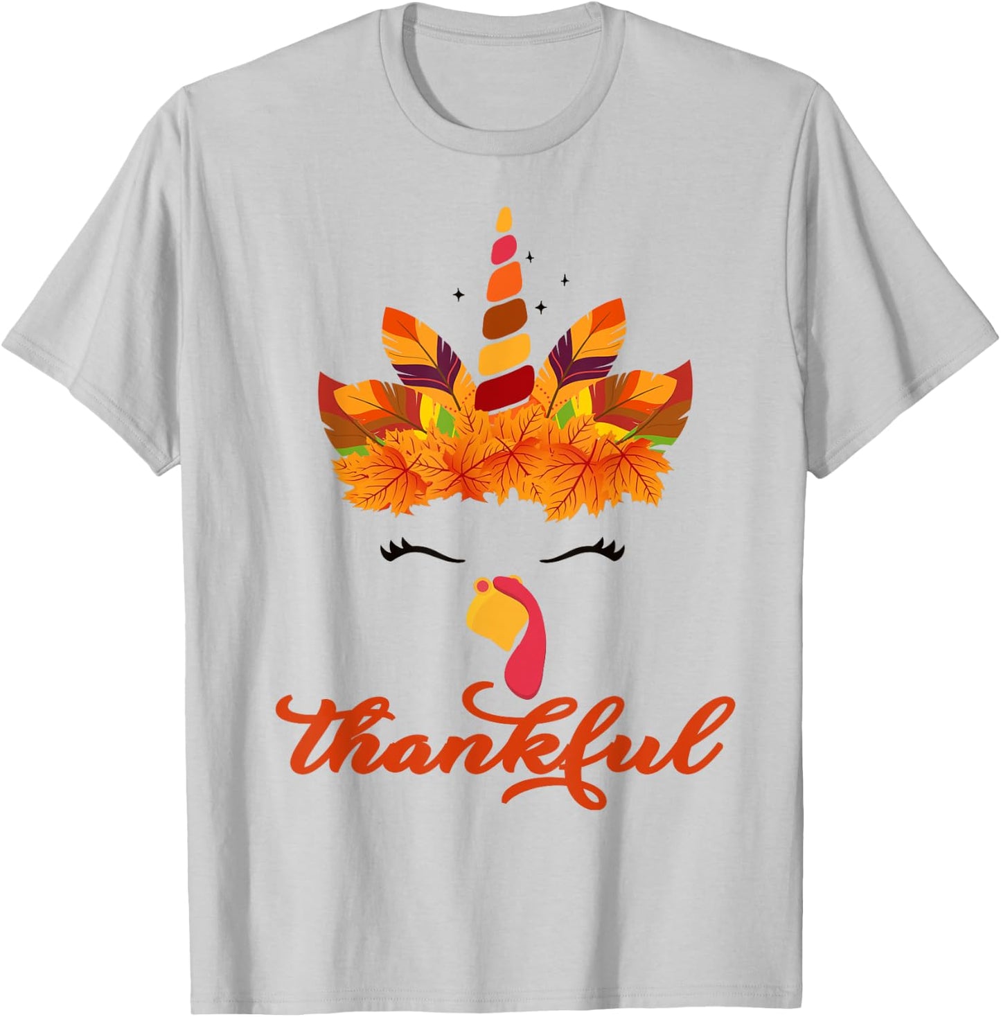 Thankful Unicorn Turkey Face Thanksgiving Outfit Girl Kids T-Shirt - T-Shirt | Ash