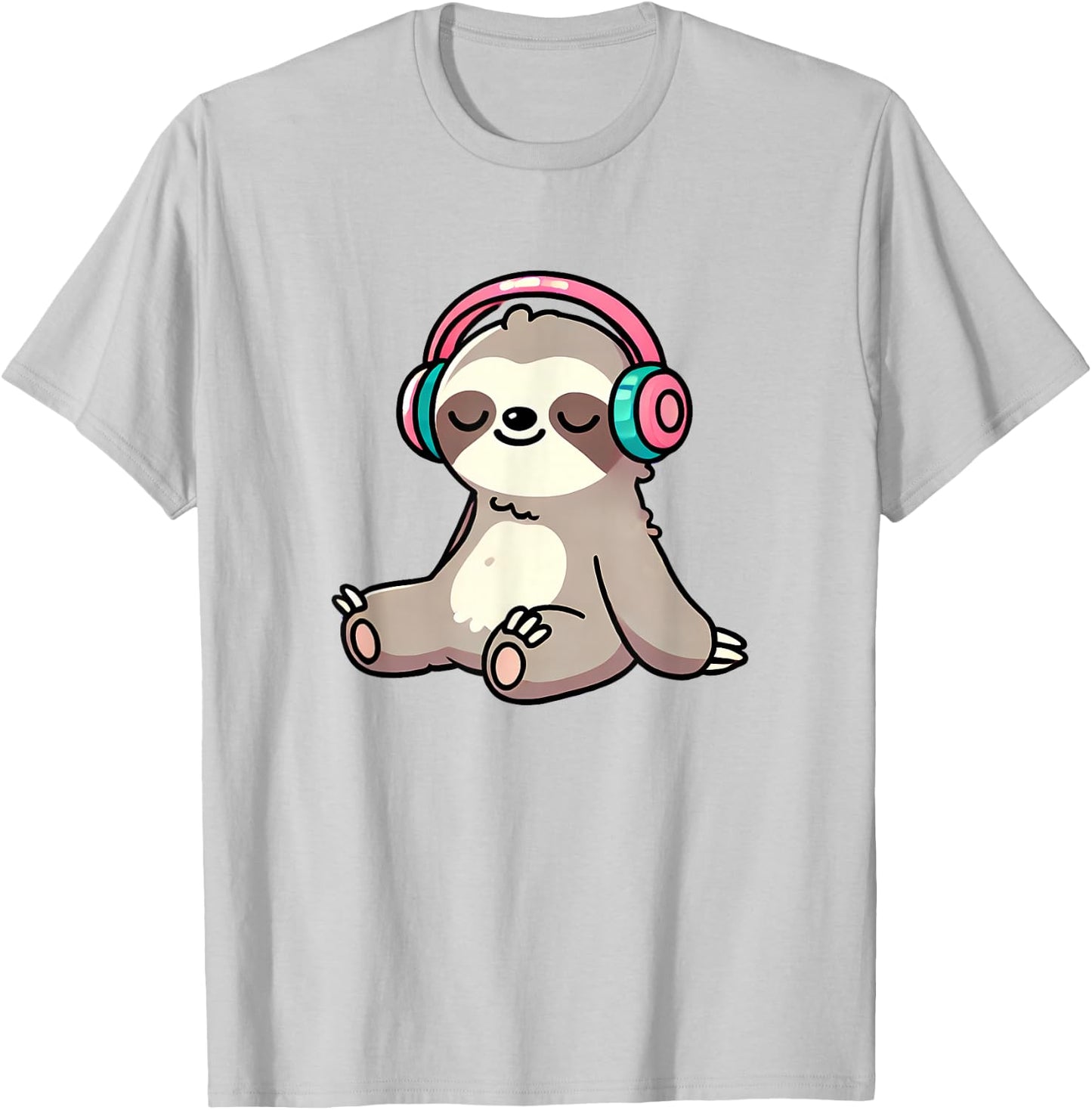 Sloth Listening To Music Cute Sloth And Music Lover Animal T-Shirt - T-Shirt | Ash