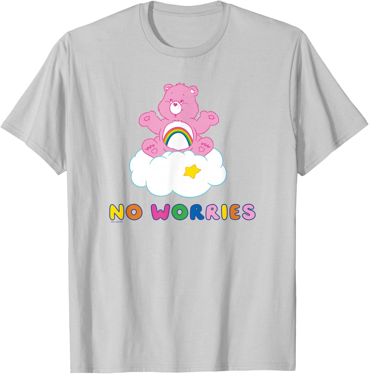 Care Bears Cheer Bear No Worries In the Clouds Rainbow Logo , grey, S T-Shirt - T-Shirt | Ash