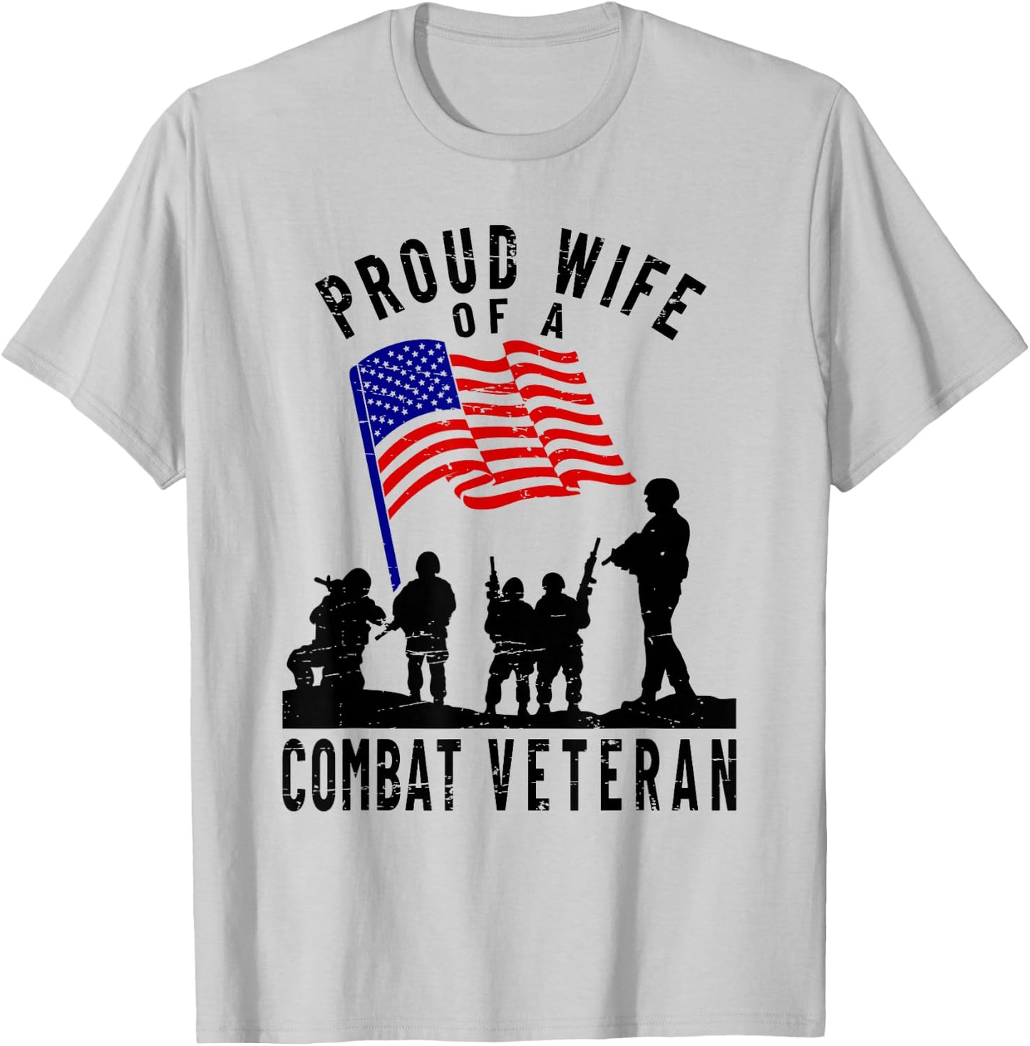 Proud Wife of a Combat Veteran Retro US Flag Military Family T-Shirt - T-Shirt | Ash