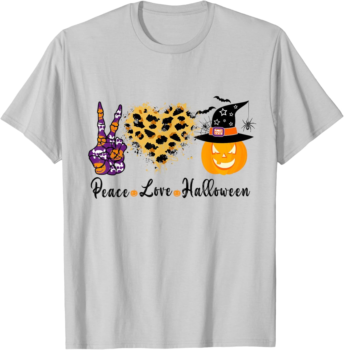 Peace Love Halloween Leopard Heart Halloween Pumpkin T-Shirt - T-Shirt | Ash