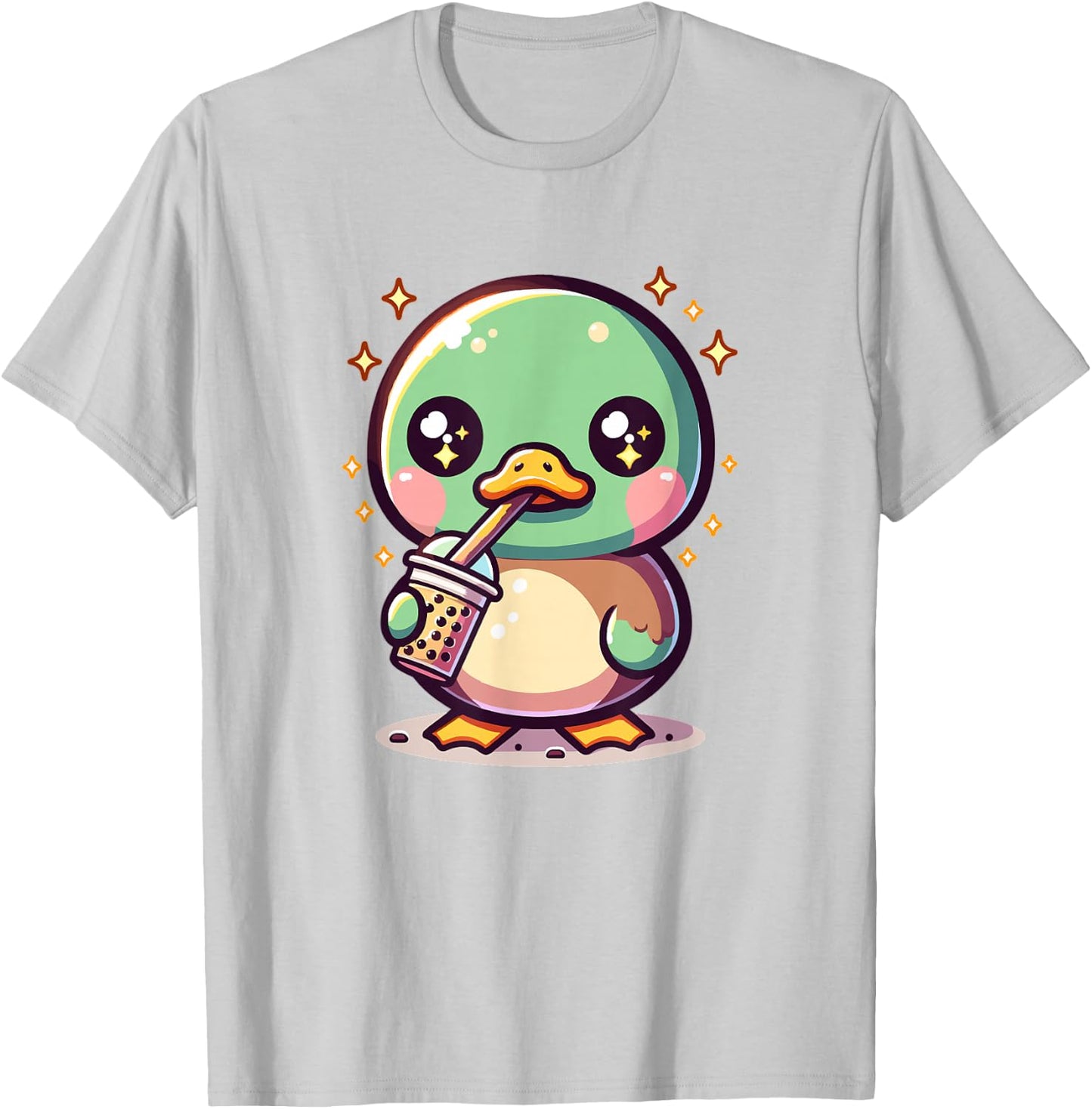 Cute Japanese Kawaii Chibi Mallard Duck Drinking Boba Tea T-Shirt - T-Shirt | Ash