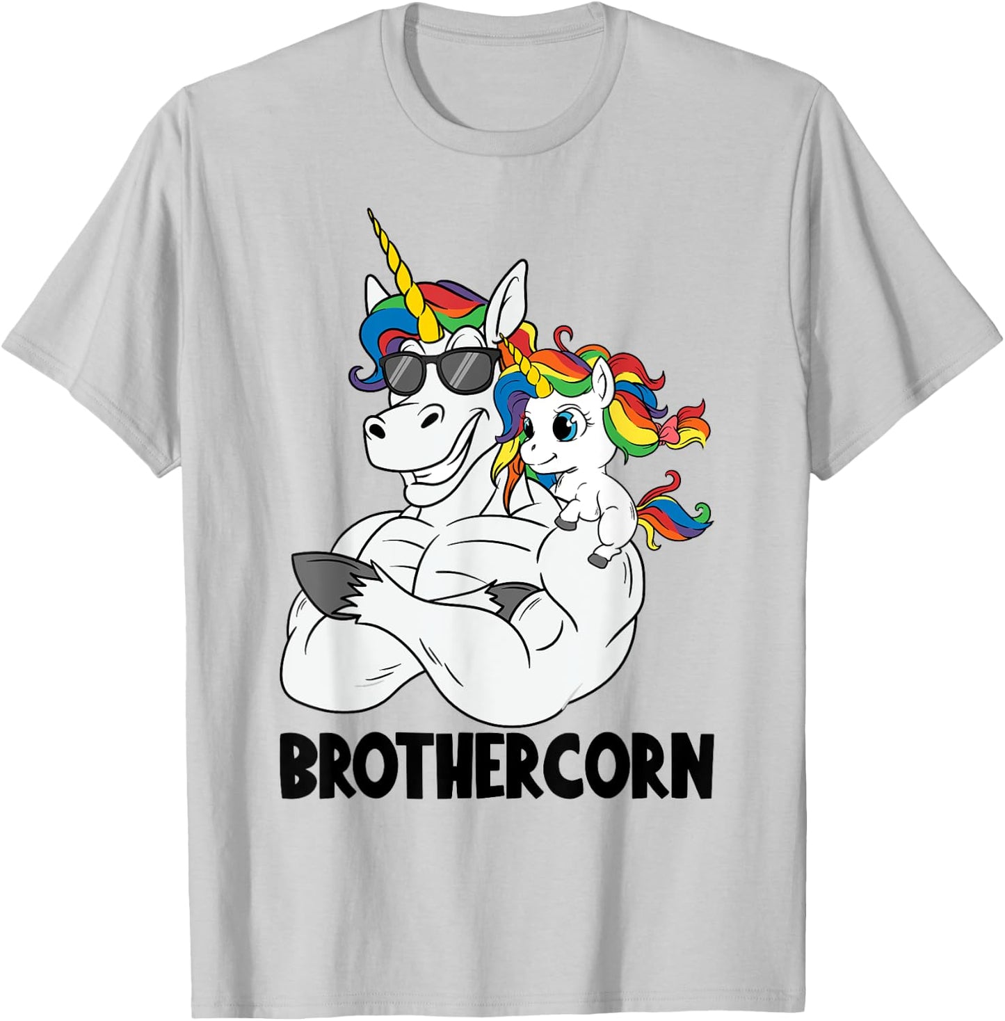 Brothercorn Brother Muscle Unicorn Holding Baby Sister Girl T-Shirt - T-Shirt | Ash
