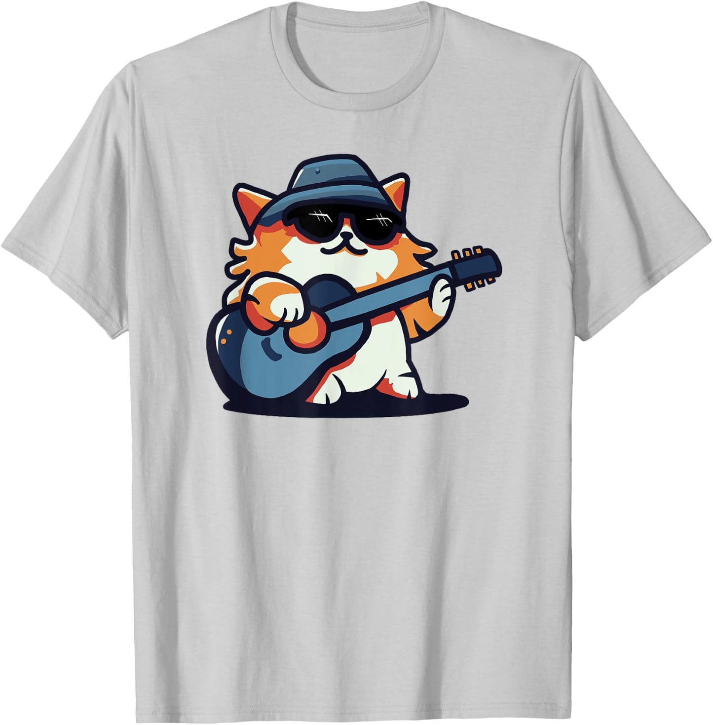 Cool Musical Cat With Hat And Sunglasses Playing Fun Guitar T-Shirt - T-Shirt | Ash