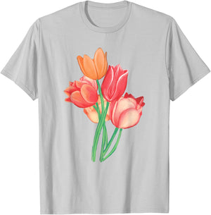 Tulip Watercolor Flower Nature Bouquet Flora T-Shirt - T-Shirt | Ash