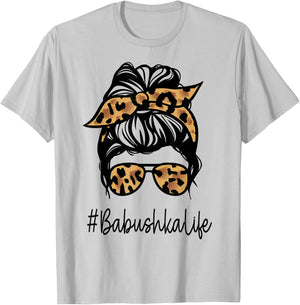 BABUSHKA Leopard Messy Bun Mother's Day for Grandmothers T-Shirt - T-Shirt | Ash