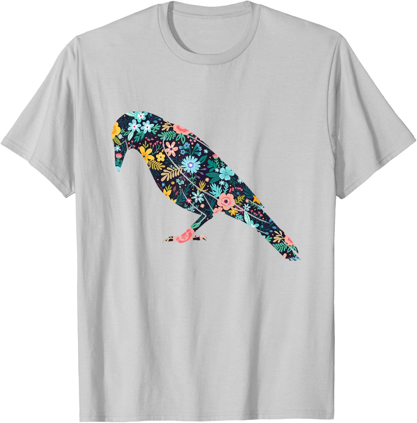 Floral Crow Silhouette Girls Graphic Raven T-Shirt - T-Shirt | Ash