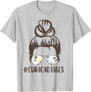 Curacao Tropical Island Vibes Messy Bun Palm Tree Sunset T-Shirt - T-Shirt | Ash