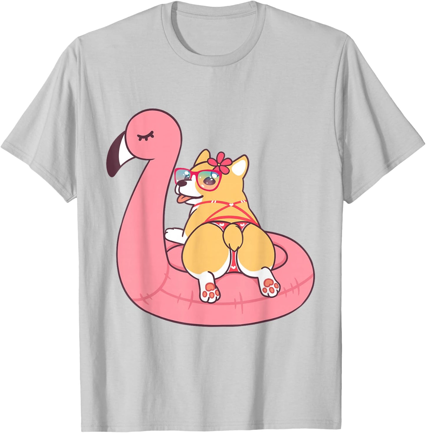 Corgi Butt Dog Bikini Pink Flamingo Float Funny Gift T Shirt T-Shirt - T-Shirt | Ash
