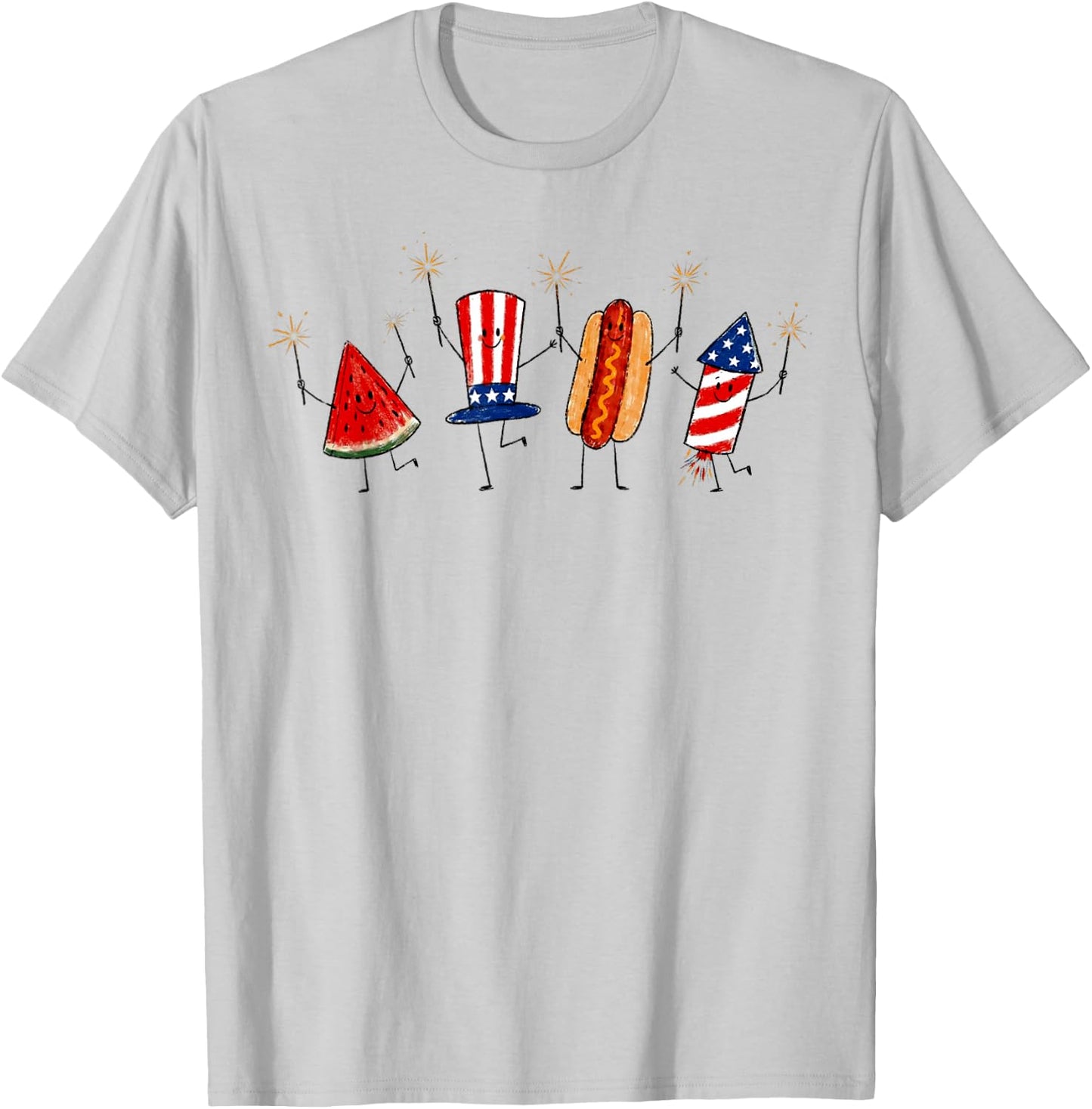 4th of July Cute Watermelon Hot Dog Firework T-Shirt - T-Shirt | Ash