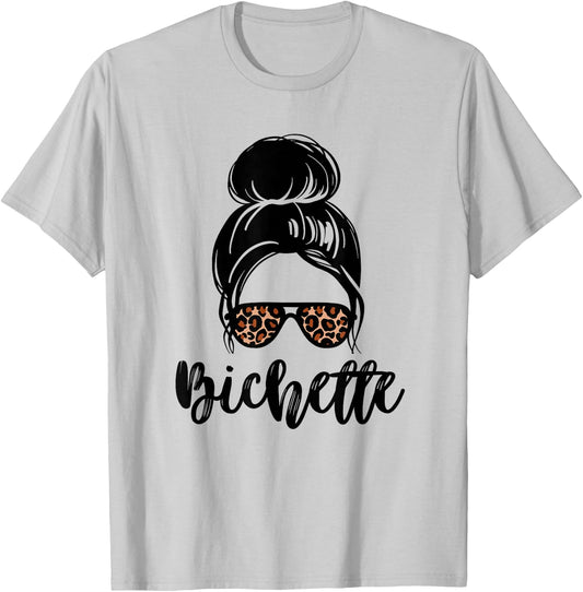 Bichette nickname messy bun leopard gift girl woman couple , white, S T-Shirt - T-Shirt | Ash