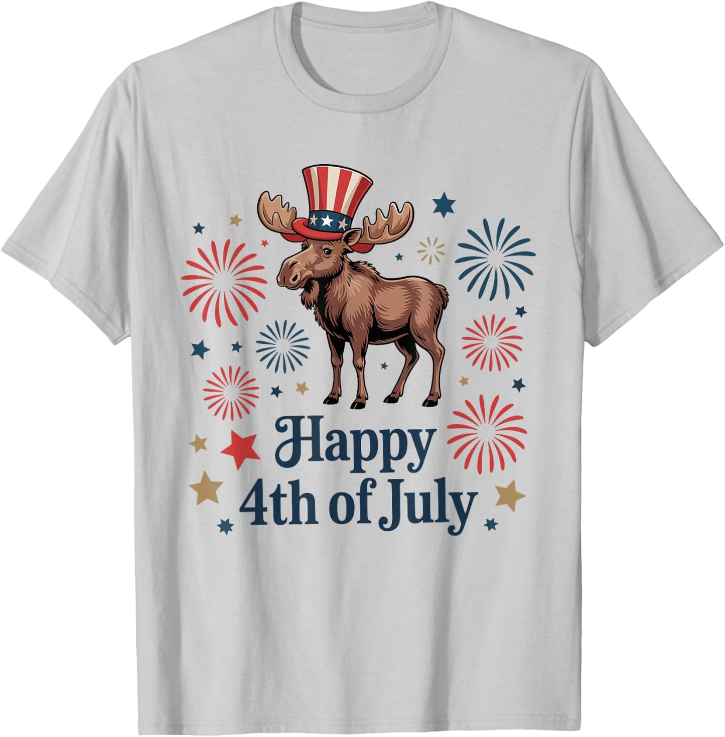 Happy 4th of July Patriotic Moose Animals Lovers Fireworks T-Shirt - T-Shirt | Ash