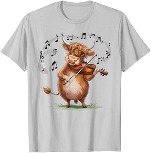 Funny Musician Violinist Cute Highland Cow Playing Violin T-Shirt - T-Shirt | Ash