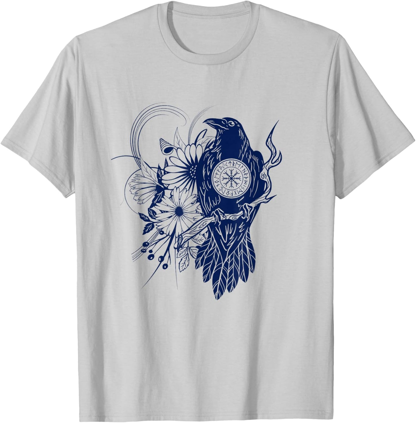 Runic Circle Crow Boho Floral Raven Norse Nordic Motifs T-Shirt - T-Shirt | Ash