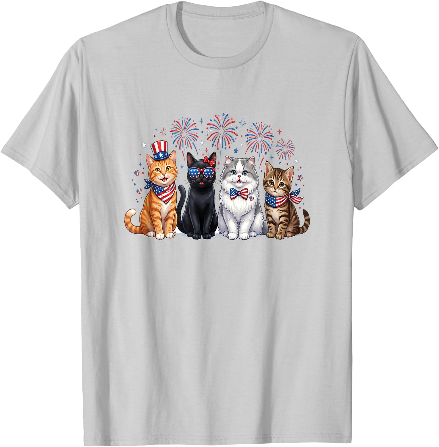 Patriotic Cats Fireworks 4th of July Cat Lovers T-Shirt - T-Shirt | Ash