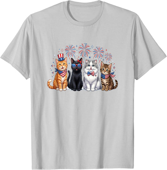 Patriotic Cats Fireworks 4th of July Cat Lovers T-Shirt - T-Shirt | Ash