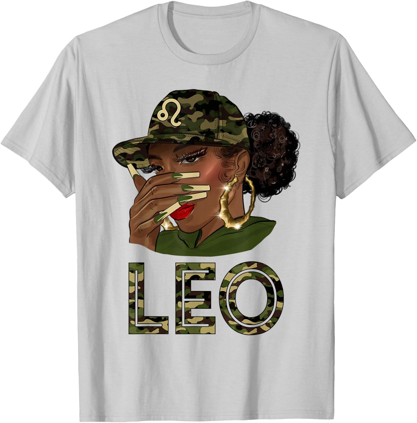 Leo Queen Black Girl With Cap Camo Afro Woman Zodiac T-Shirt - T-Shirt | Ash