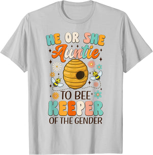 He Or She Auntie To Bee Keeper Of The Gender Reveal Groovy T-Shirt - T-Shirt | Ash