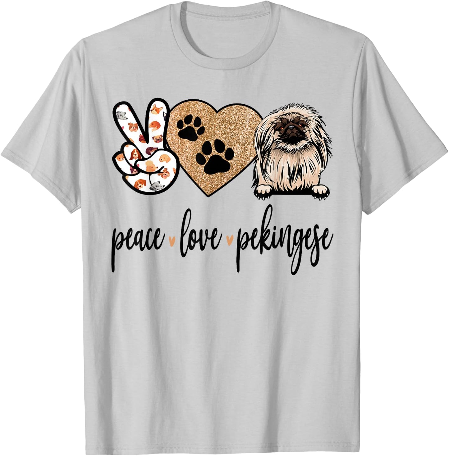 Funny Peace Love Pekingese Dog Lover T-Shirt - T-Shirt | Ash