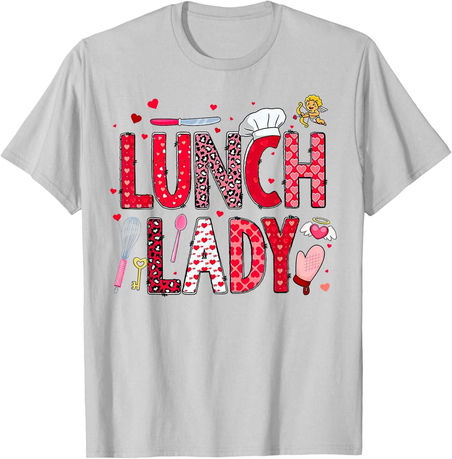 Lunch Lady Leopard Heart Valentine's Day Cafeteria Crew T-Shirt - T-Shirt | Ash