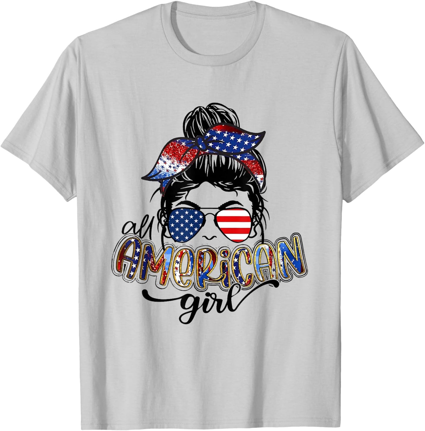 All American Girls Messy Bun Leopard 4th of July Flag T-Shirt - T-Shirt | Ash