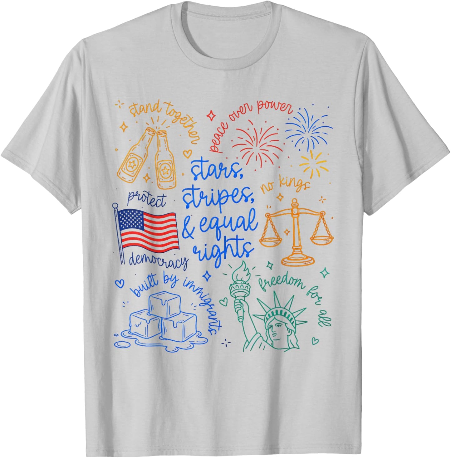 Stars Stripes & Equal Right Doodle USA Political Liberal T-Shirt - T-Shirt | Ash
