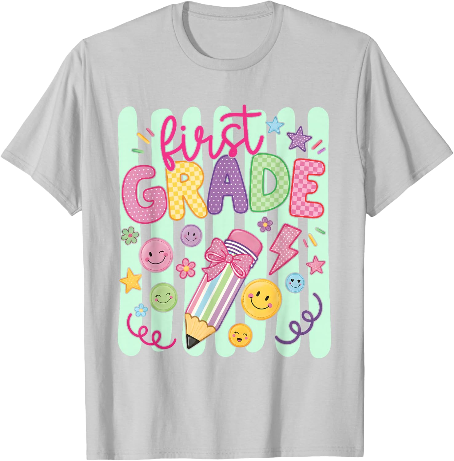 Preppy First Grade Back to School Pencil Student Teacher Kid T-Shirt - T-Shirt | Ash